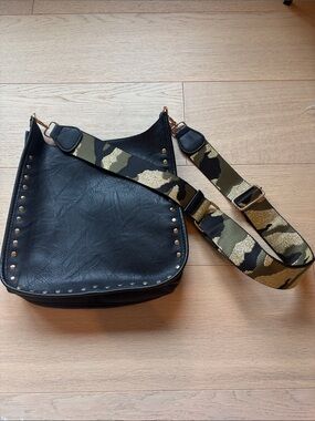Black Studded Crossbody Bag with Camouflage Adjustable Strap